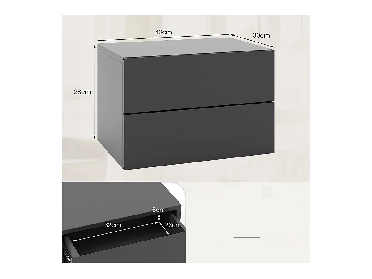 Comodino con cassetti (set da 2), Tavolino da letto da parete con spazio contenitivo  Grigio