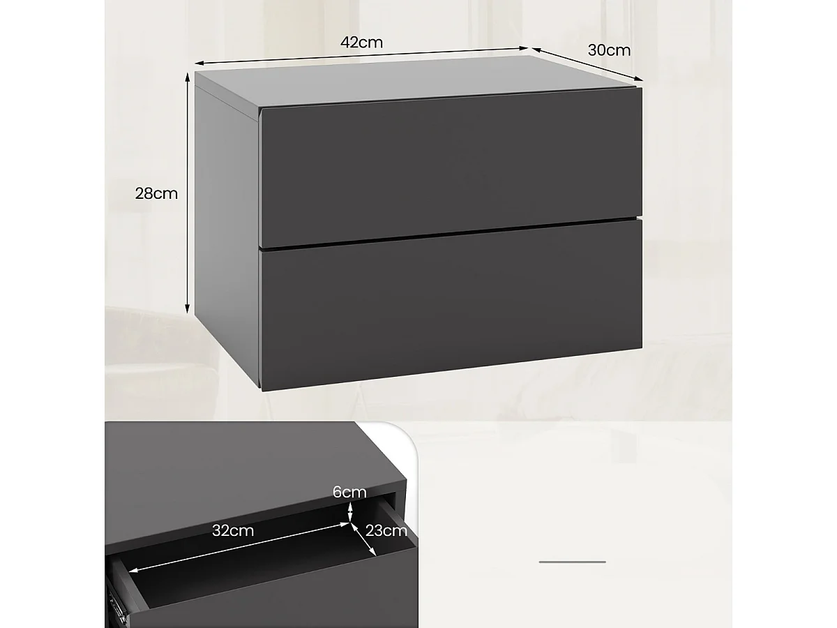 Comodino con cassetti (set da 2), Tavolino da letto da parete con spazio contenitivo  Grigio