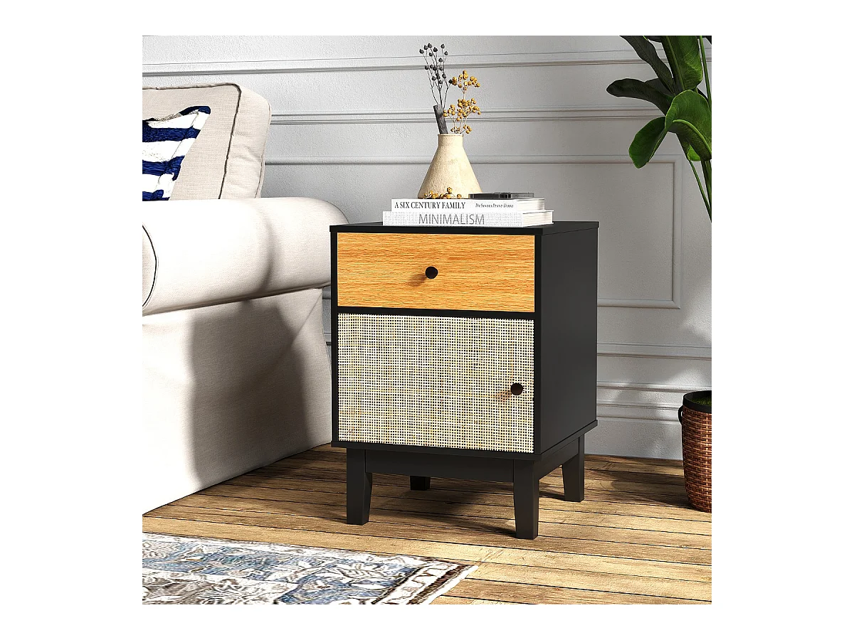 Table de Chevet en Rotin Table de Nuit Moderne du Milieu Du Siècle Tiroir de Rangement et Armoire Noir et Marron
