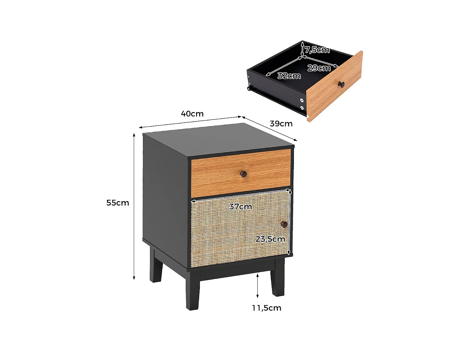 Table de Chevet en Rotin Table de Nuit Moderne du Milieu Du Siècle Tiroir de Rangement et Armoire Noir et Marron