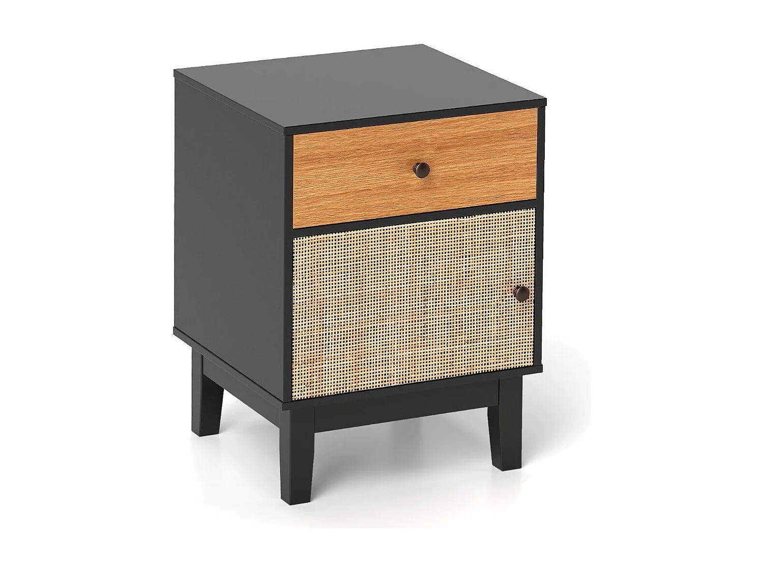 Comodino in rattan stile medievale con cassetto e armadietto, Tavolino boho con gambe in legno Nero + Marrone