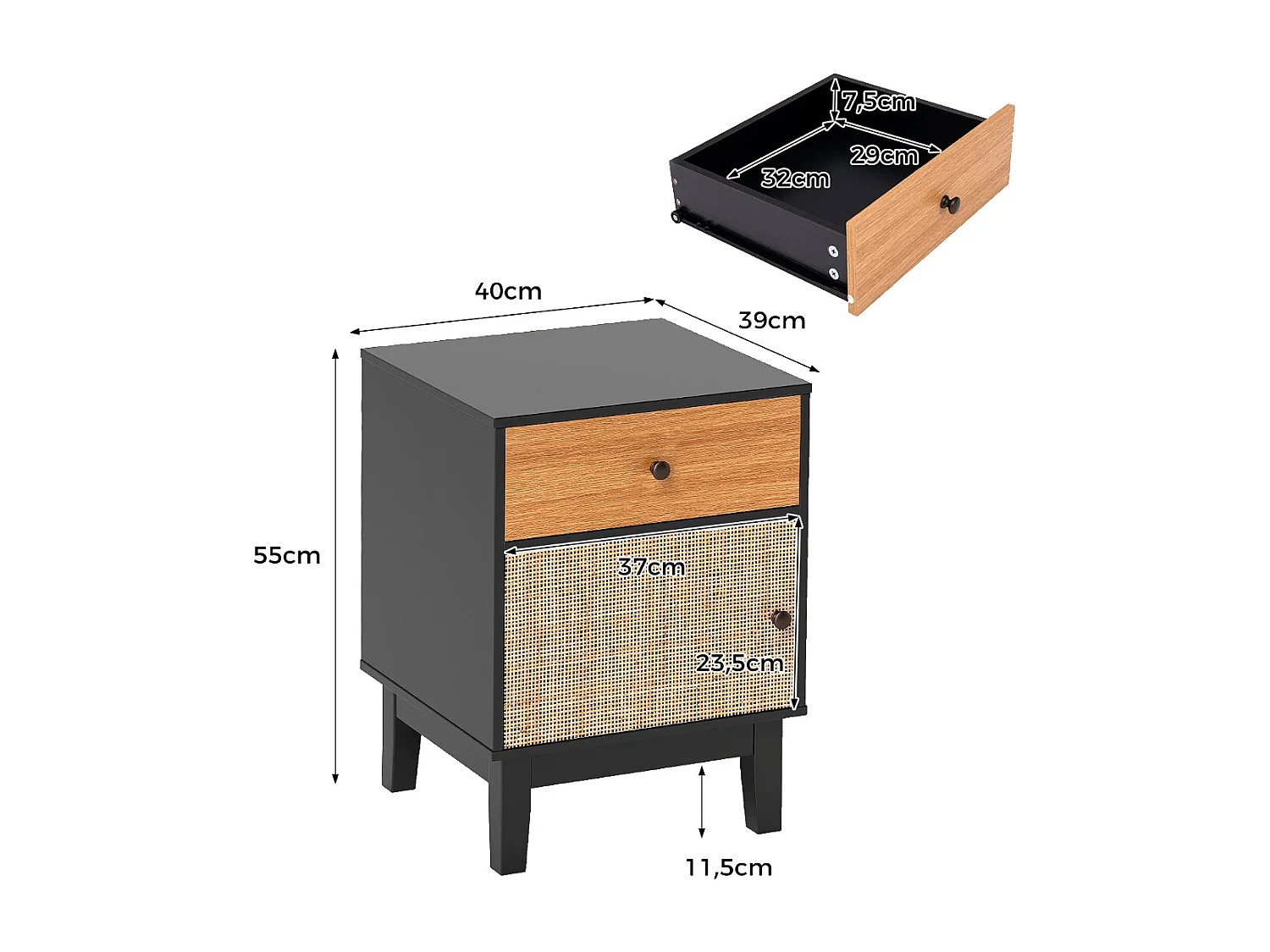 Comodino in rattan stile medievale con cassetto e armadietto, Tavolino boho con gambe in legno Nero + Marrone