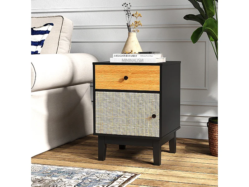 Comodino in rattan stile medievale con cassetto e armadietto, Tavolino boho con gambe in legno Nero + Marrone