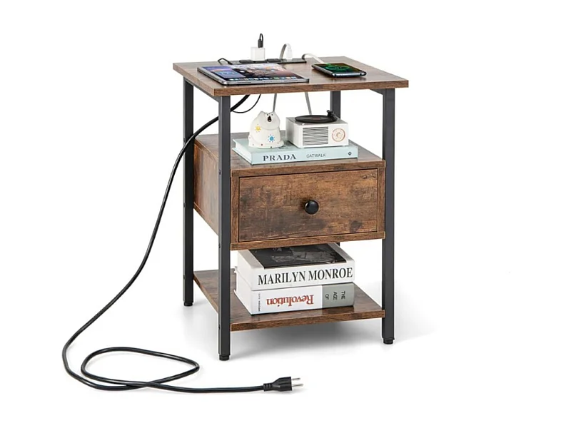 Comodino a 3 piani con stazione di ricarica ripiani aperti e cassetto struttura in metallo, Tavolino da letto in legno Marrone