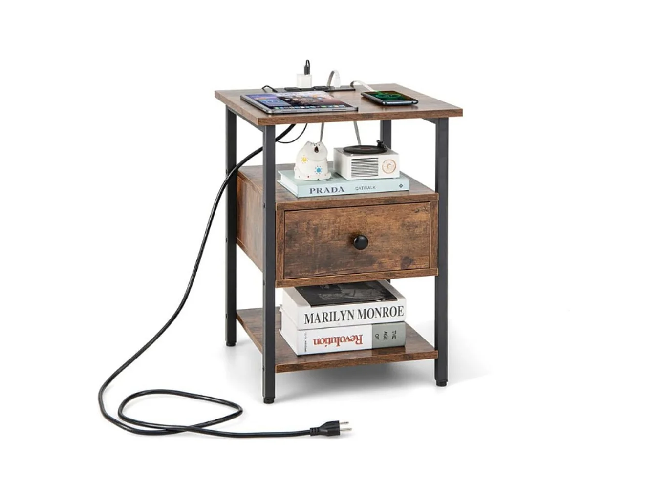 Comodino a 3 piani con stazione di ricarica ripiani aperti e cassetto struttura in metallo, Tavolino da letto in legno Marrone