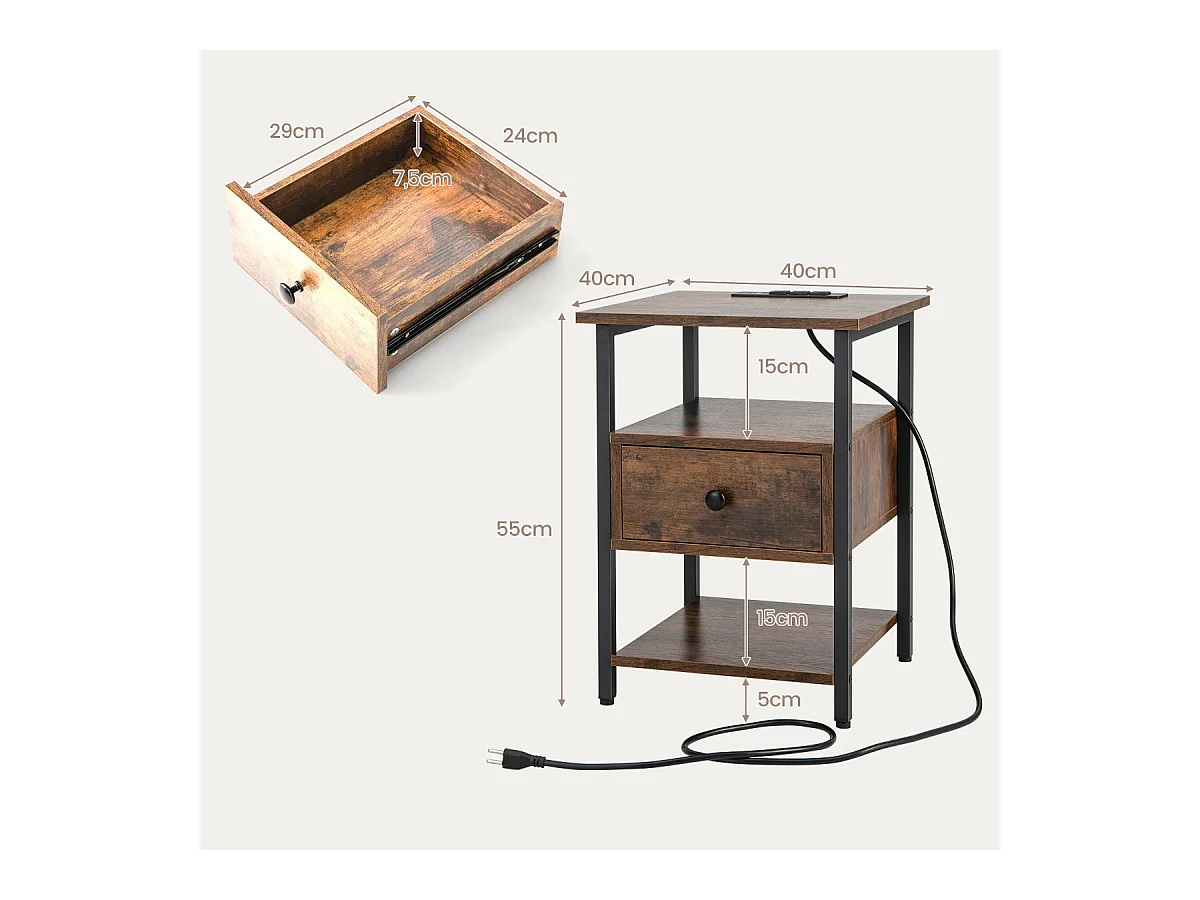 Comodino a 3 piani con stazione di ricarica ripiani aperti e cassetto struttura in metallo, Tavolino da letto in legno Marrone