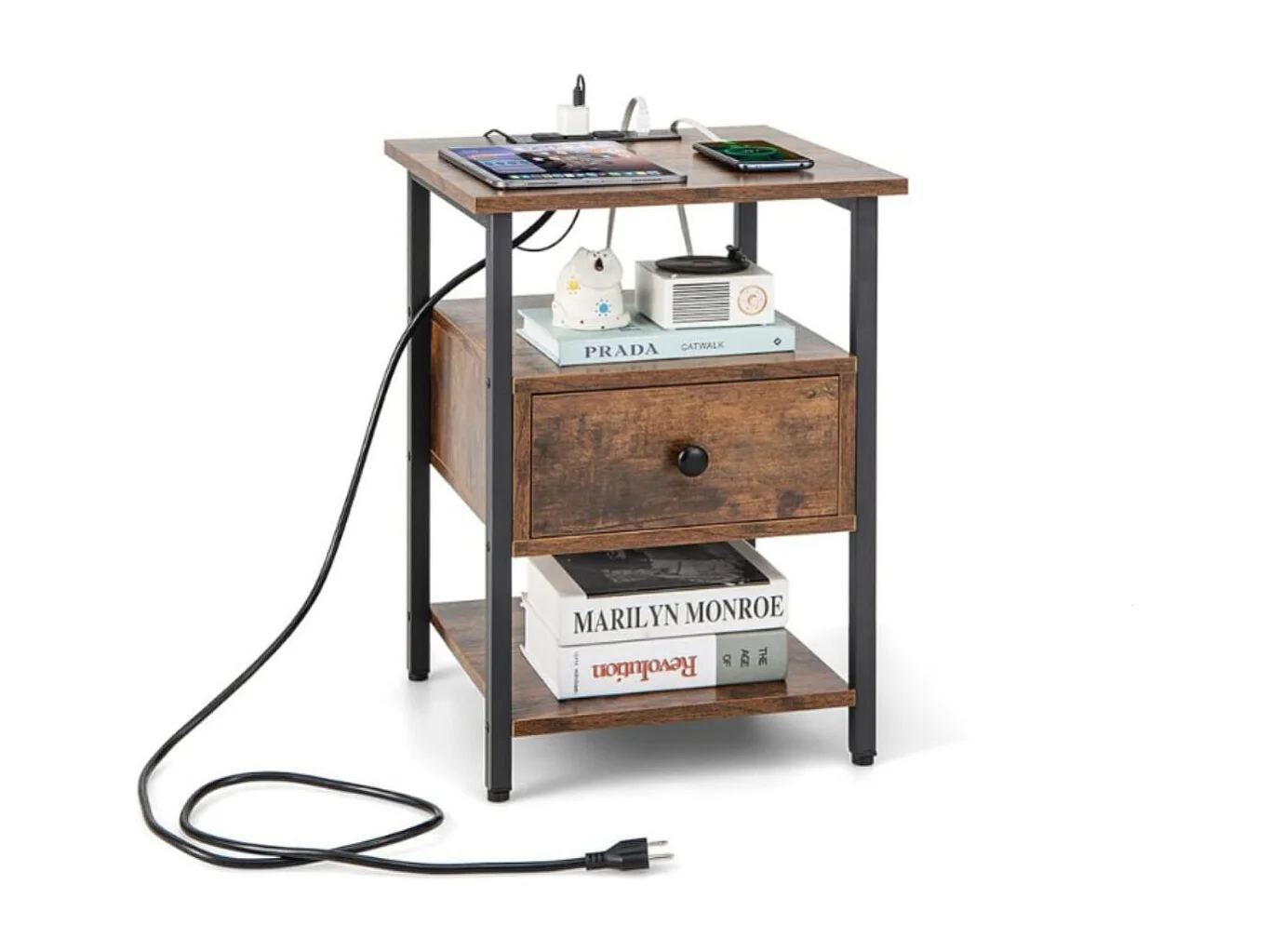 Comodino a 3 piani con stazione di ricarica ripiani aperti e cassetto struttura in metallo, Tavolino da letto in legno Marrone