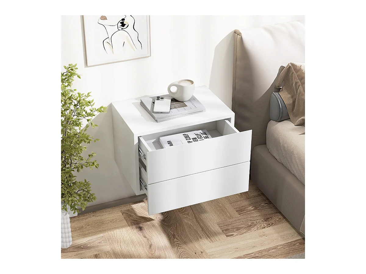 Nachttisch hängend Wandregal mit 2 Schubladen Beistelltisch wandmontiert 42 x 30 x 28 cm Weiß