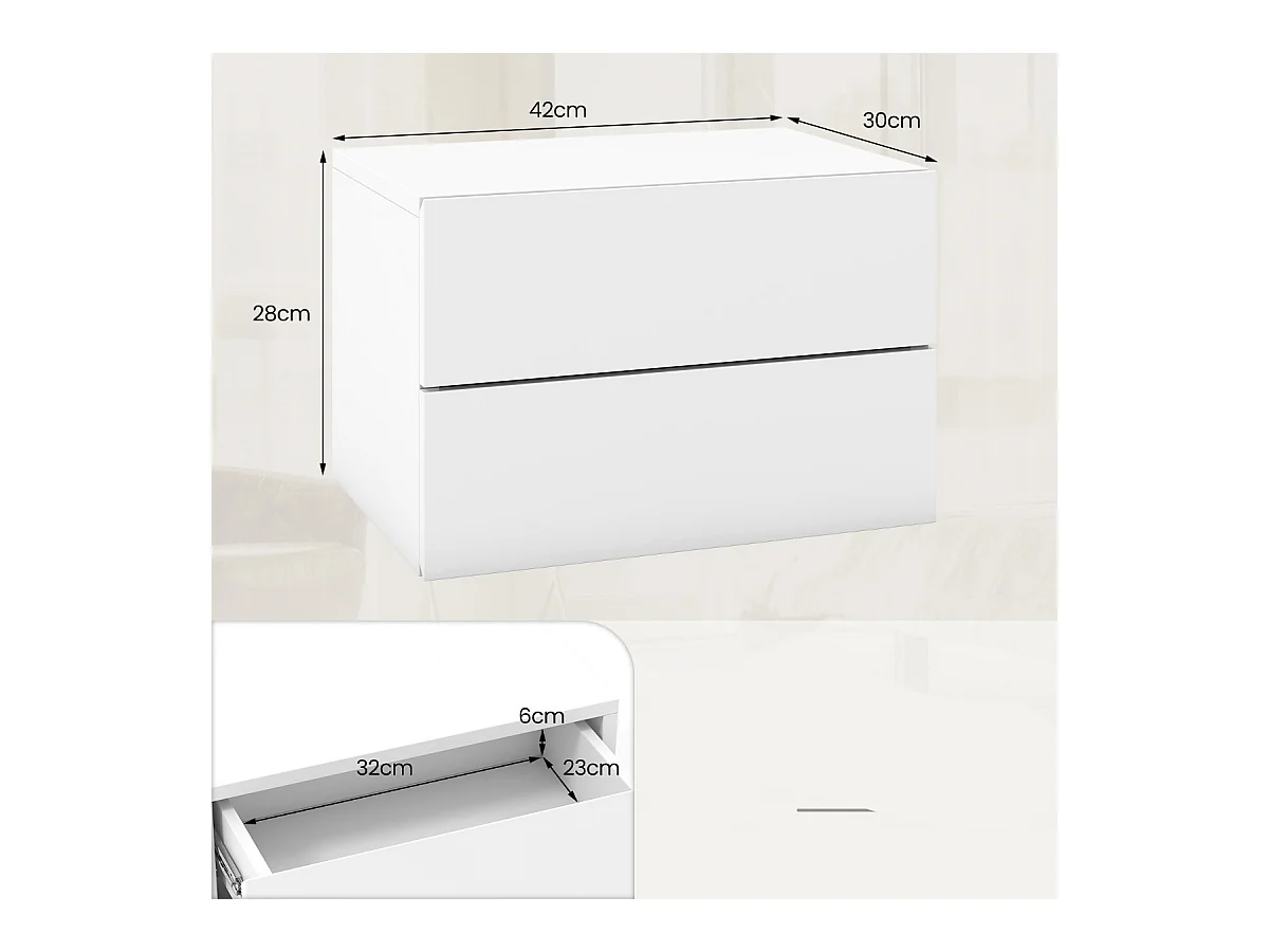 Nachttisch hängend Wandregal mit 2 Schubladen Beistelltisch wandmontiert 42 x 30 x 28 cm Weiß