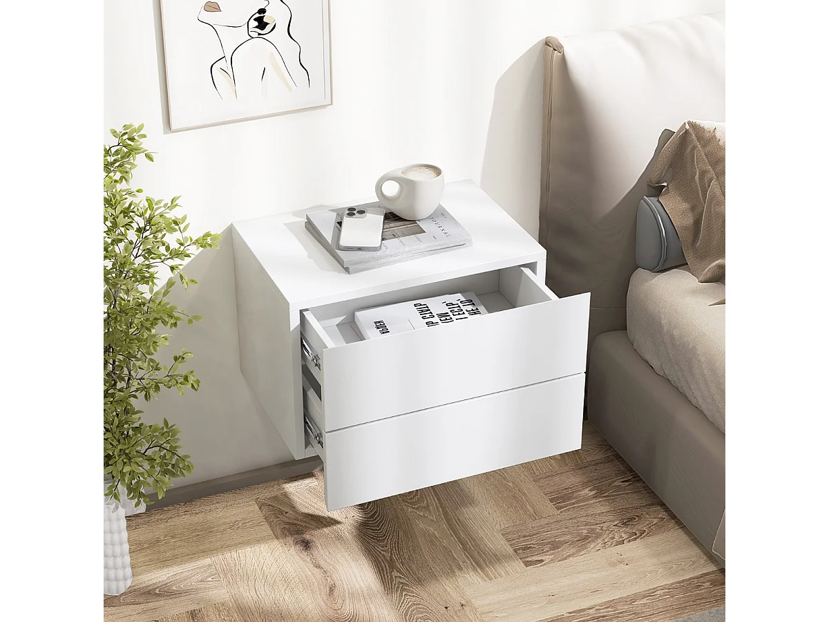 Comodino con cassetti (set da 2), Tavolino da letto da parete con spazio contenitivo  Bianco