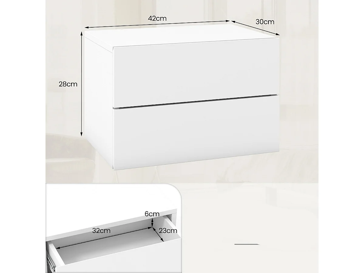 Comodino con cassetti (set da 2), Tavolino da letto da parete con spazio contenitivo  Bianco