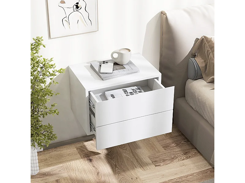 Nachttisch hängend Wandregal mit 2 Schubladen Beistelltisch wandmontiert 42 x 30 x 28 cm Weiß