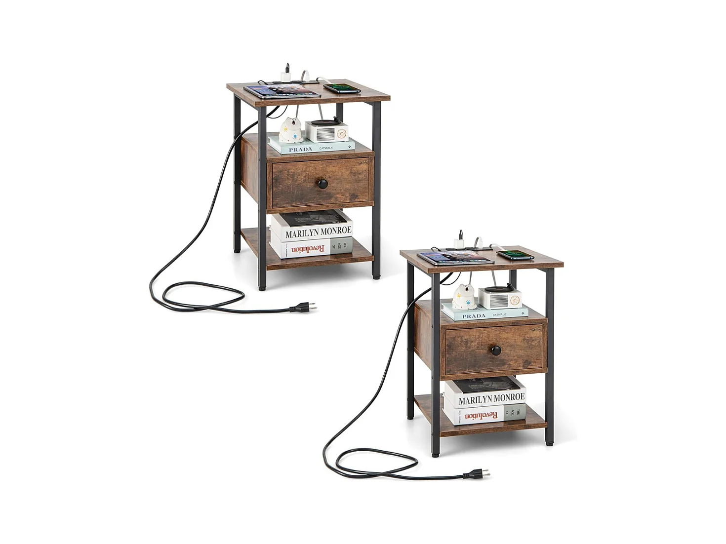 Set di 2 comodino a 3 piani con stazione di ricarica ripiani aperti e cassetto struttura in metallo, Tavolino da letto in legno Marrone