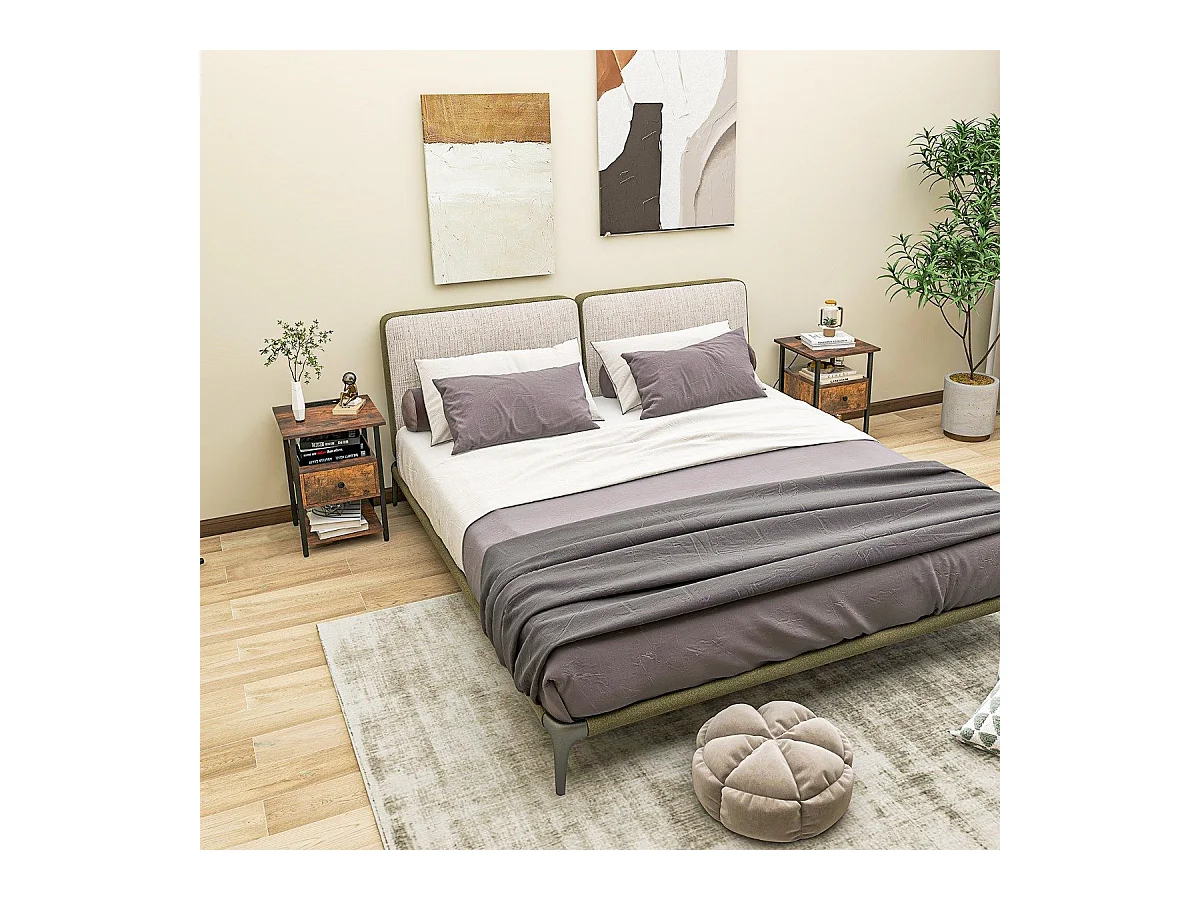 Set di 2 comodino a 3 piani con stazione di ricarica ripiani aperti e cassetto struttura in metallo, Tavolino da letto in legno Marrone