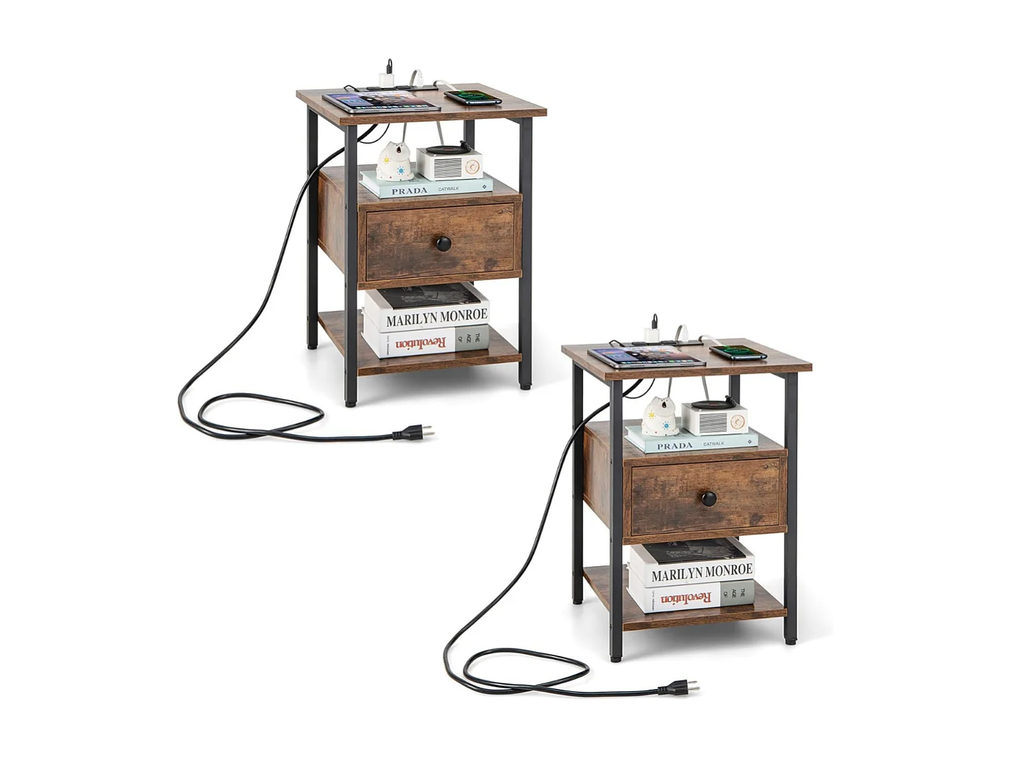 Set di 2 comodino a 3 piani con stazione di ricarica ripiani aperti e cassetto struttura in metallo, Tavolino da letto in legno Marrone