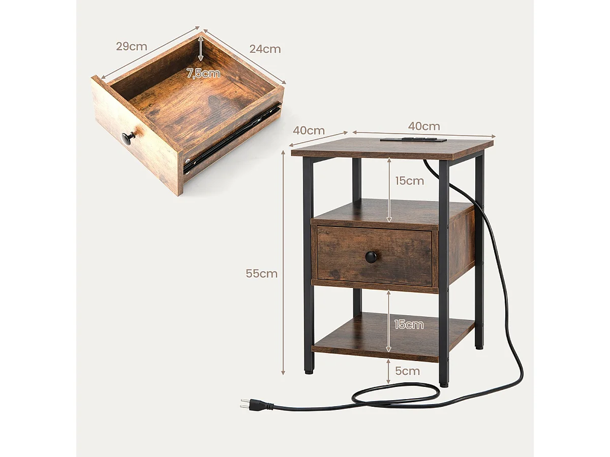 Set di 2 comodino a 3 piani con stazione di ricarica ripiani aperti e cassetto struttura in metallo, Tavolino da letto in legno Marrone