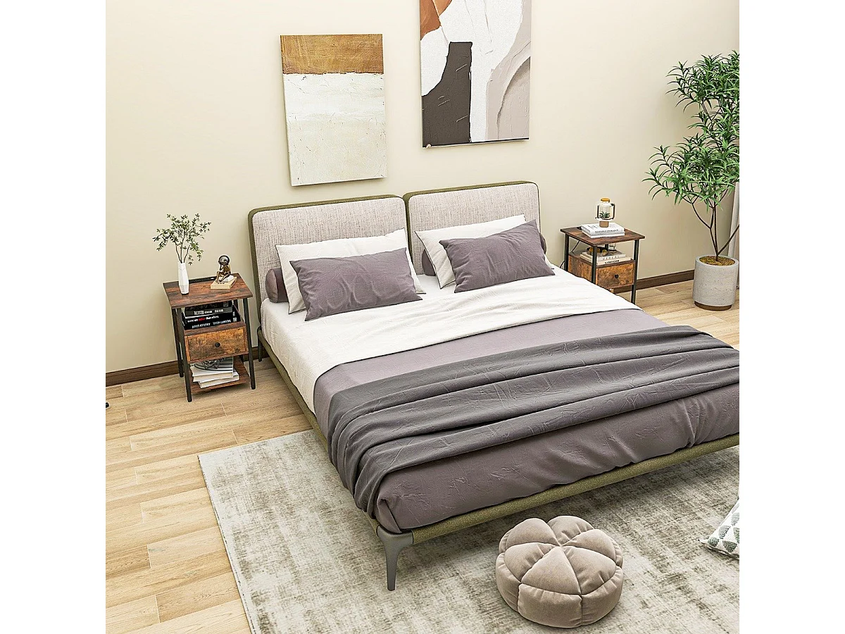 Set di 2 comodino a 3 piani con stazione di ricarica ripiani aperti e cassetto struttura in metallo, Tavolino da letto in legno Marrone