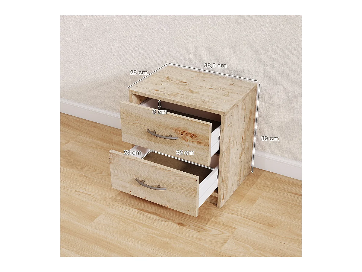 Nachttisch mit 2 Schubladen Kleiner Beistelltisch Nachtschrank Sofatisch Nachtkommode Eiche