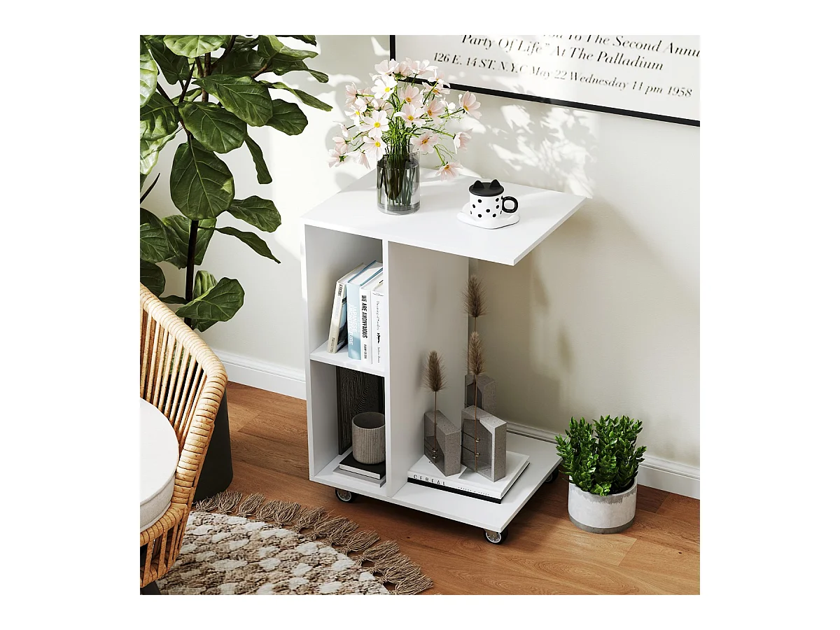 Table d'Appoint en Forme de C Table Étroite avec Étagères de Rangement Roulettes Universelles Verrouillables Table Mobile Blanc