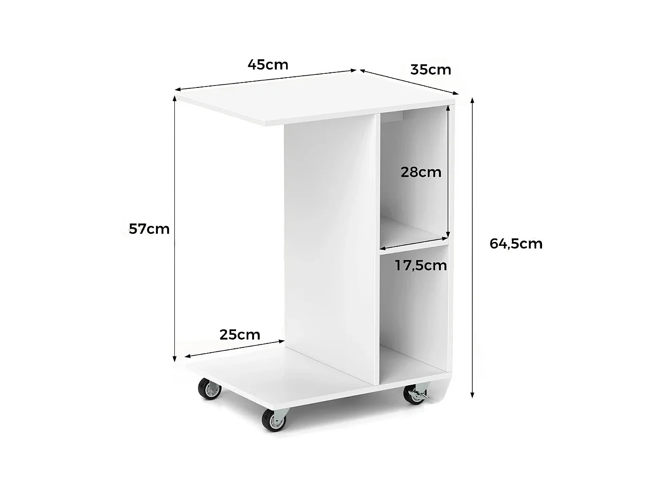Table d'Appoint en Forme de C Table Étroite avec Étagères de Rangement Roulettes Universelles Verrouillables Table Mobile Blanc