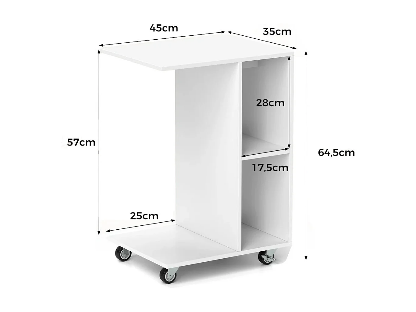 C-förmiger Beistelltisch schmaler Beistelltisch mit Ablageflächen mobiler Nachttisch für Wohnzimmer Weiß