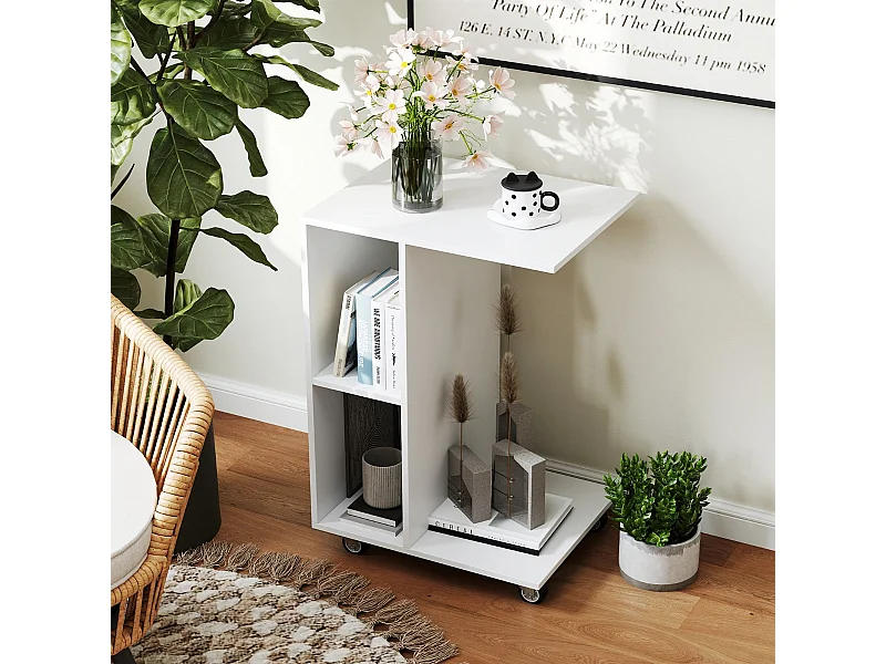 Tavolino a forma di c ruote universali bloccabili, Tavolino stretto con ripiani di stoccaggio Bianco