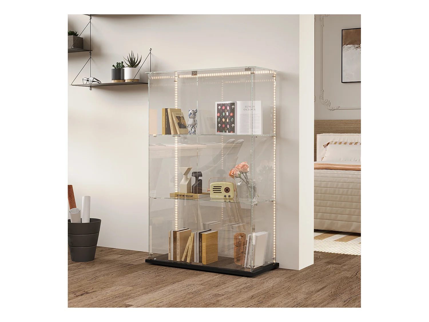 Vitrine de salon avec 4 étagères et doubles portes