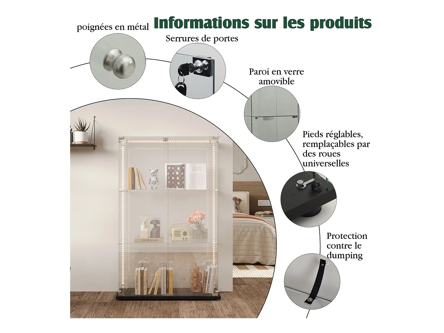 Vitrine de salon avec 4 étagères et doubles portes