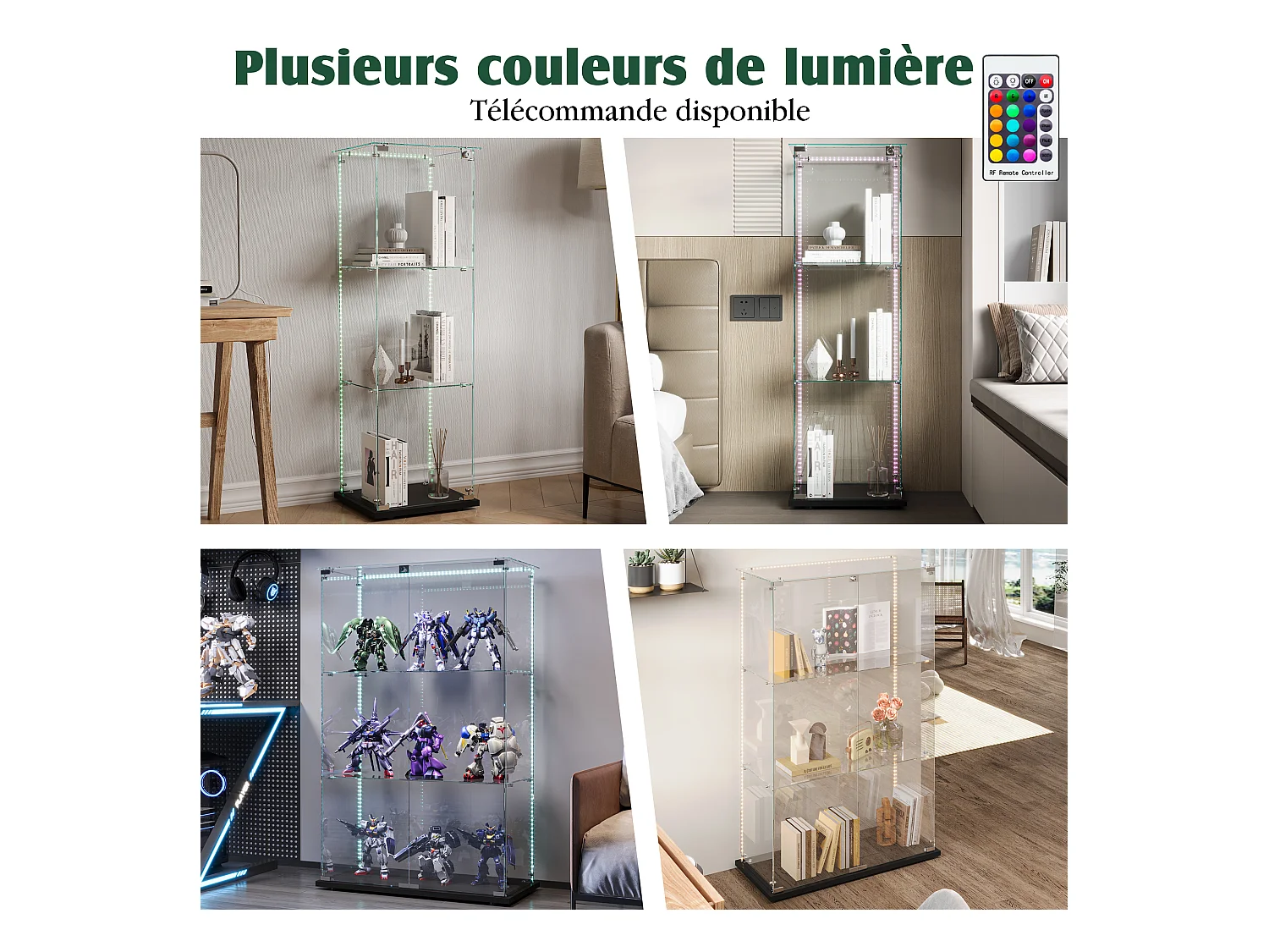 Vitrine de salon avec 4 étagères et doubles portes