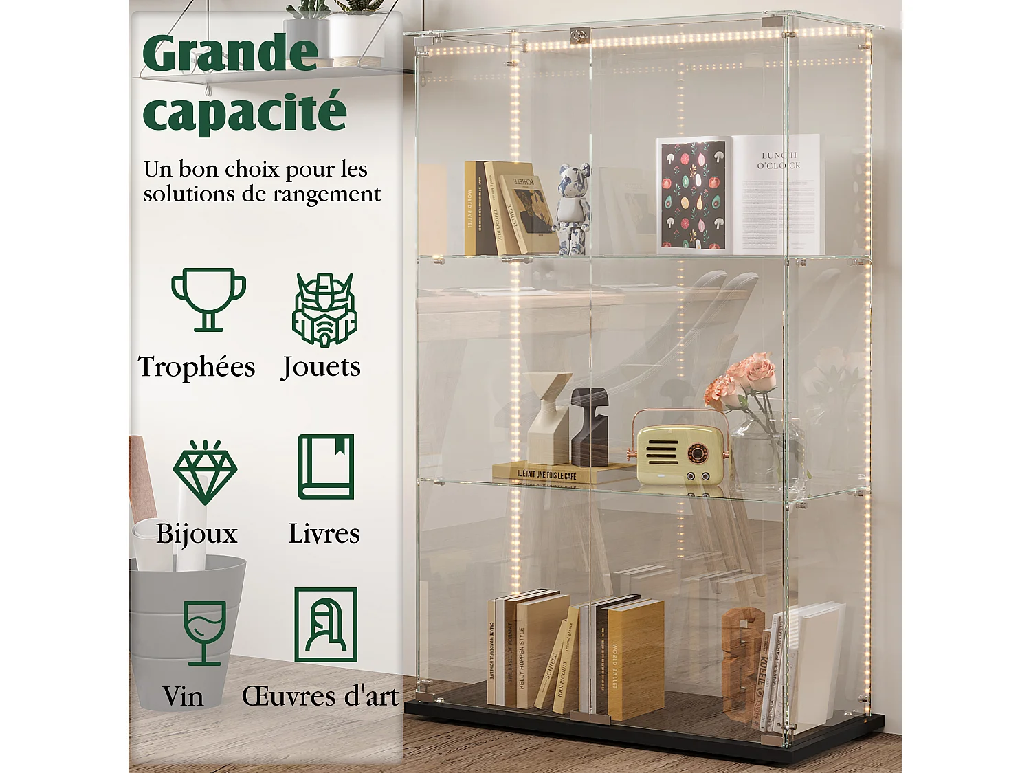 Vitrine de salon avec 4 étagères et doubles portes