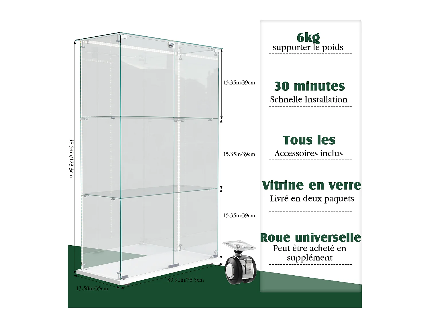 Vitrine de salon avec 4 étagères et doubles portes