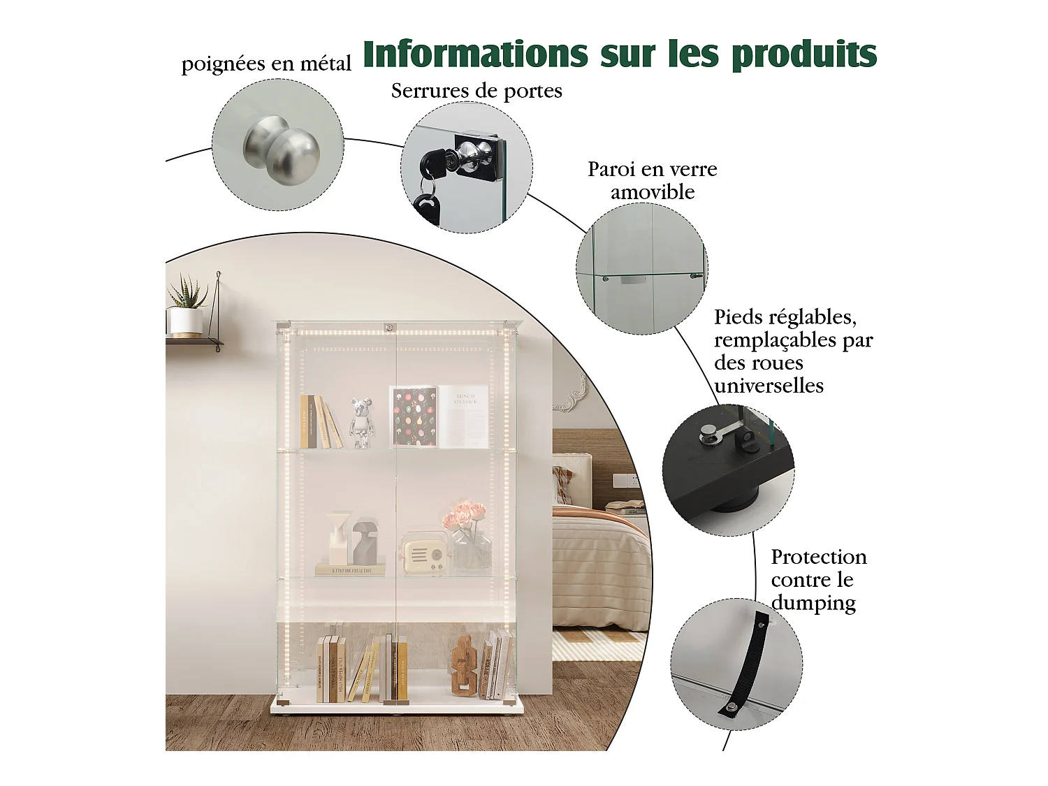 Vitrine de salon avec 4 étagères et doubles portes