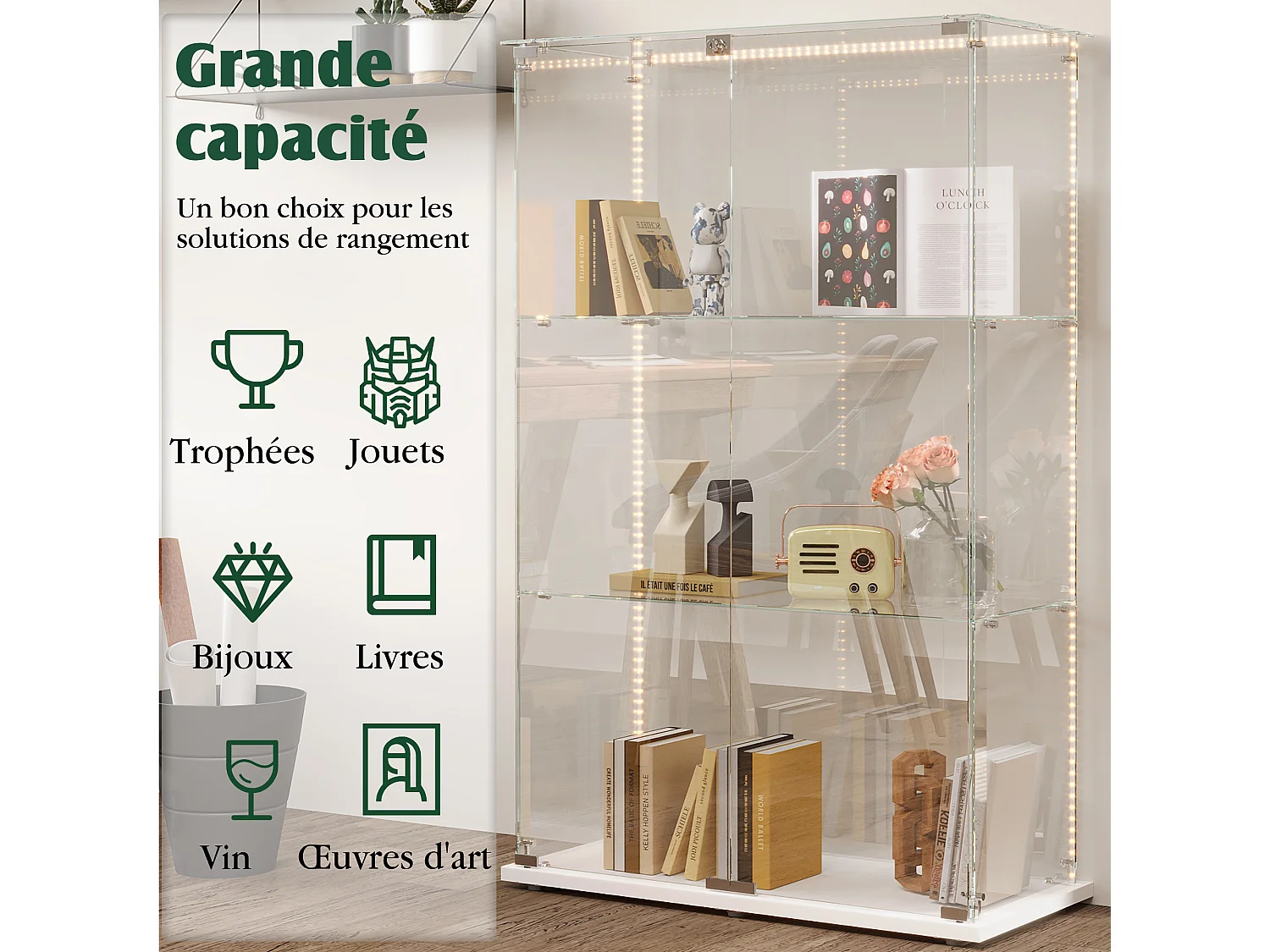 Vitrine de salon avec 4 étagères et doubles portes