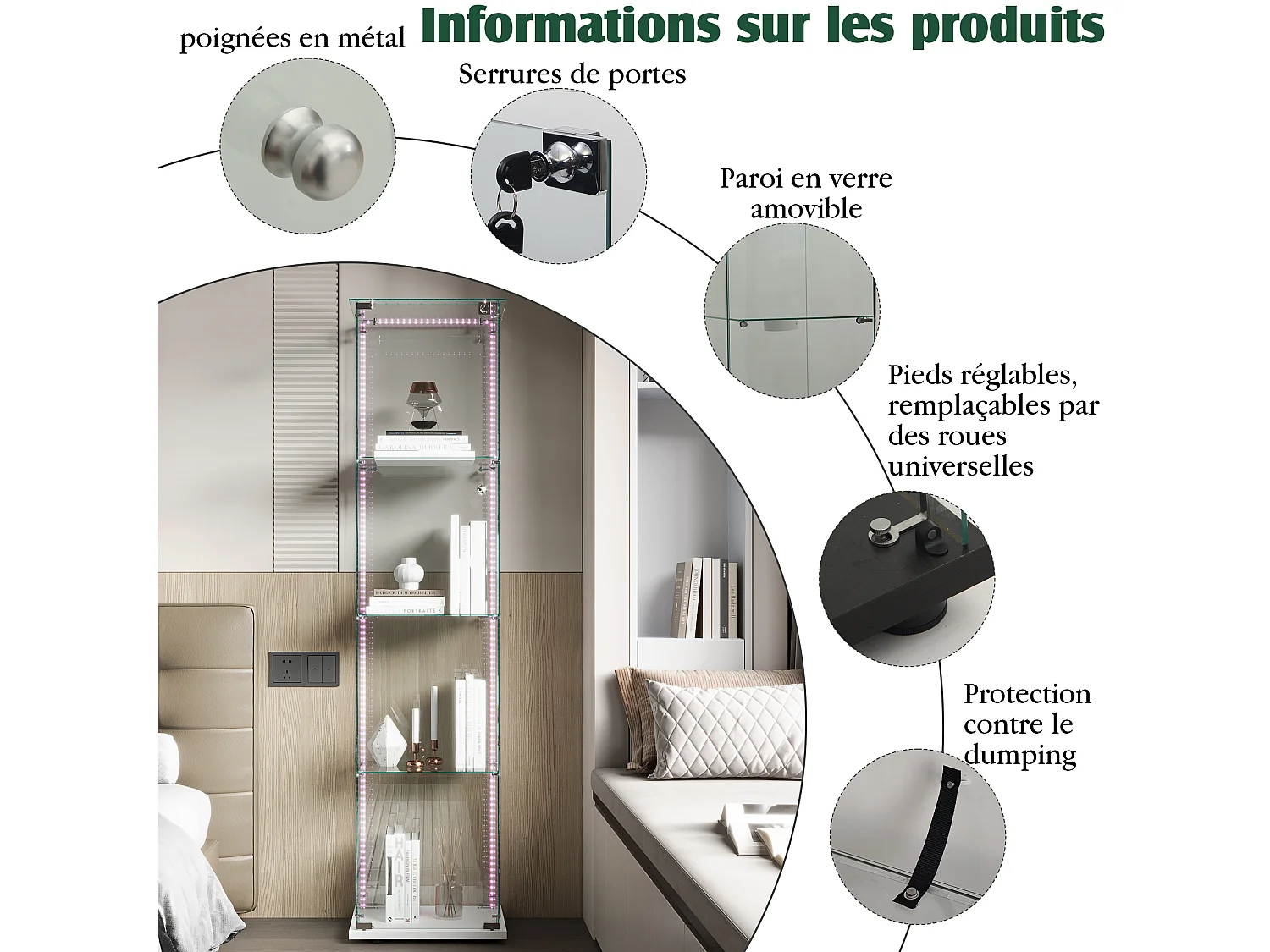 Vitrine en verre avec 5 étagères et portes doubles, vitrine de salon