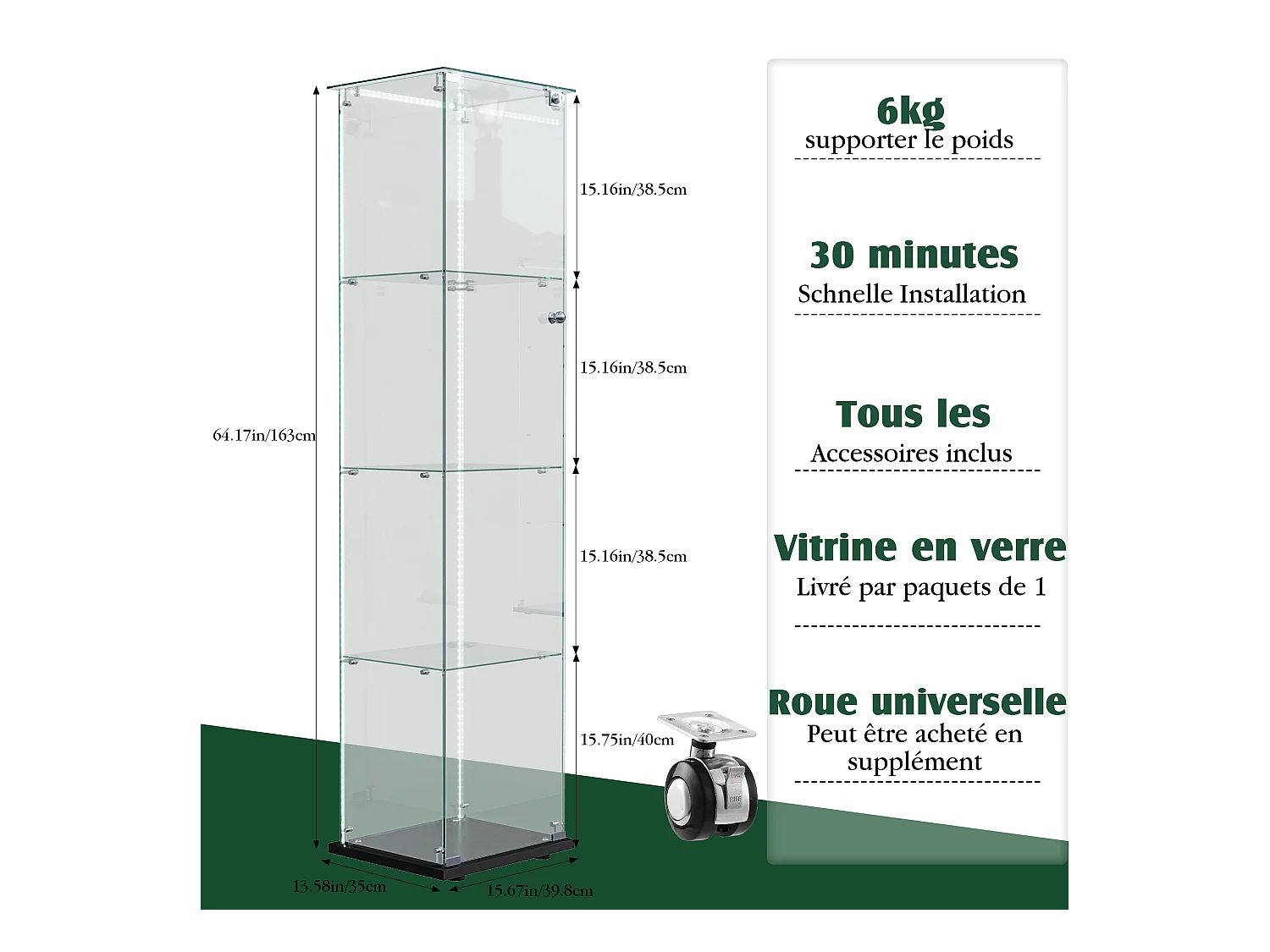 Vitrine en verre avec 5 étagères et portes doubles, vitrine de salon