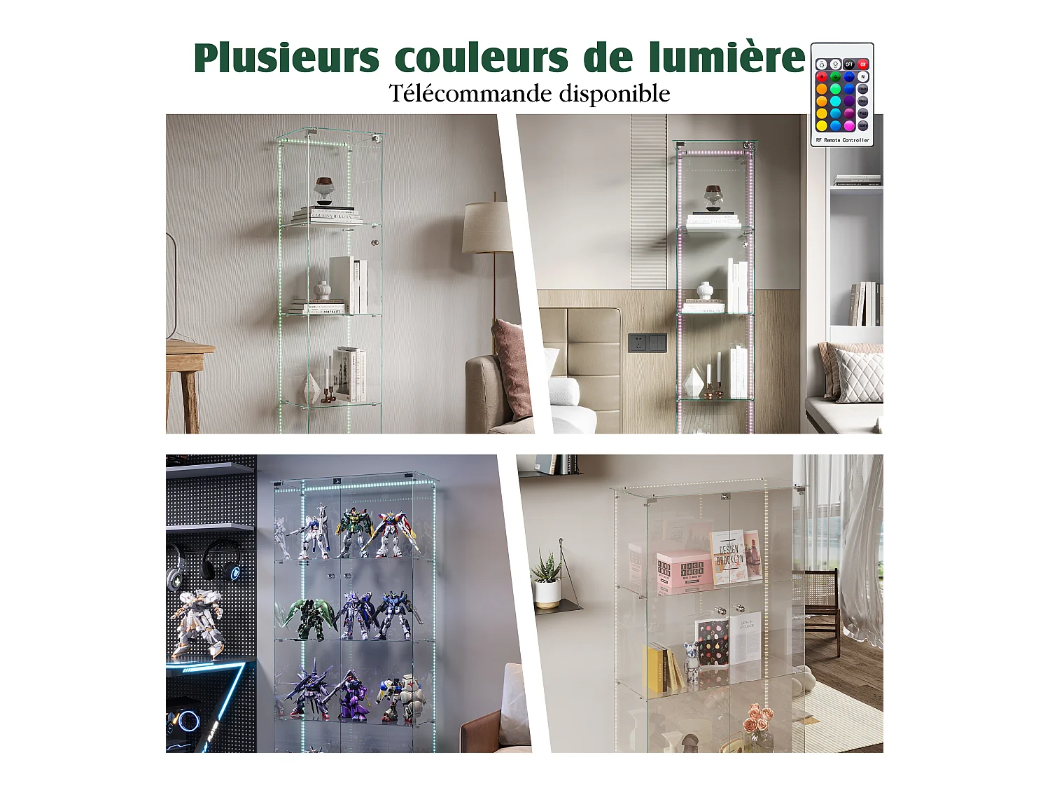 Vitrine en verre avec 5 étagères et portes doubles, vitrine de salon