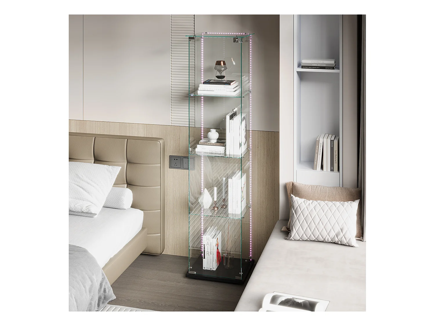 Vitrine en verre avec 5 étagères et portes doubles, vitrine de salon