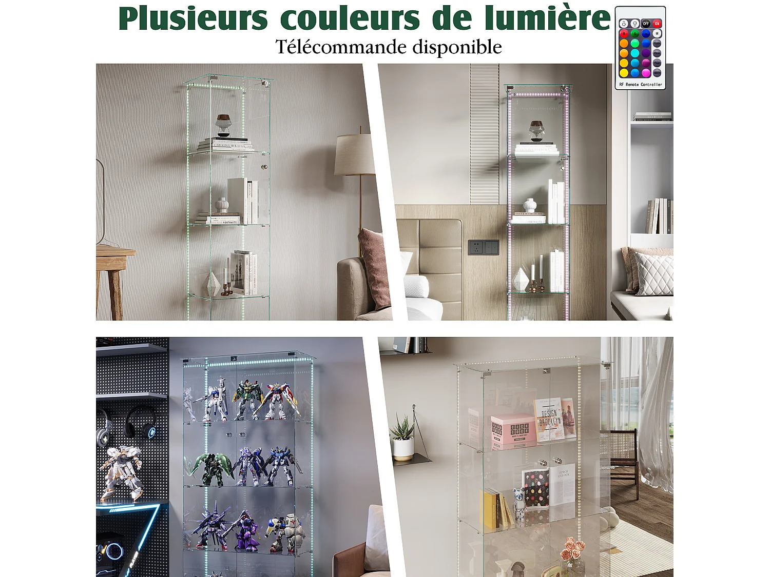 Vitrine en verre avec 5 étagères et portes doubles, vitrine de salon