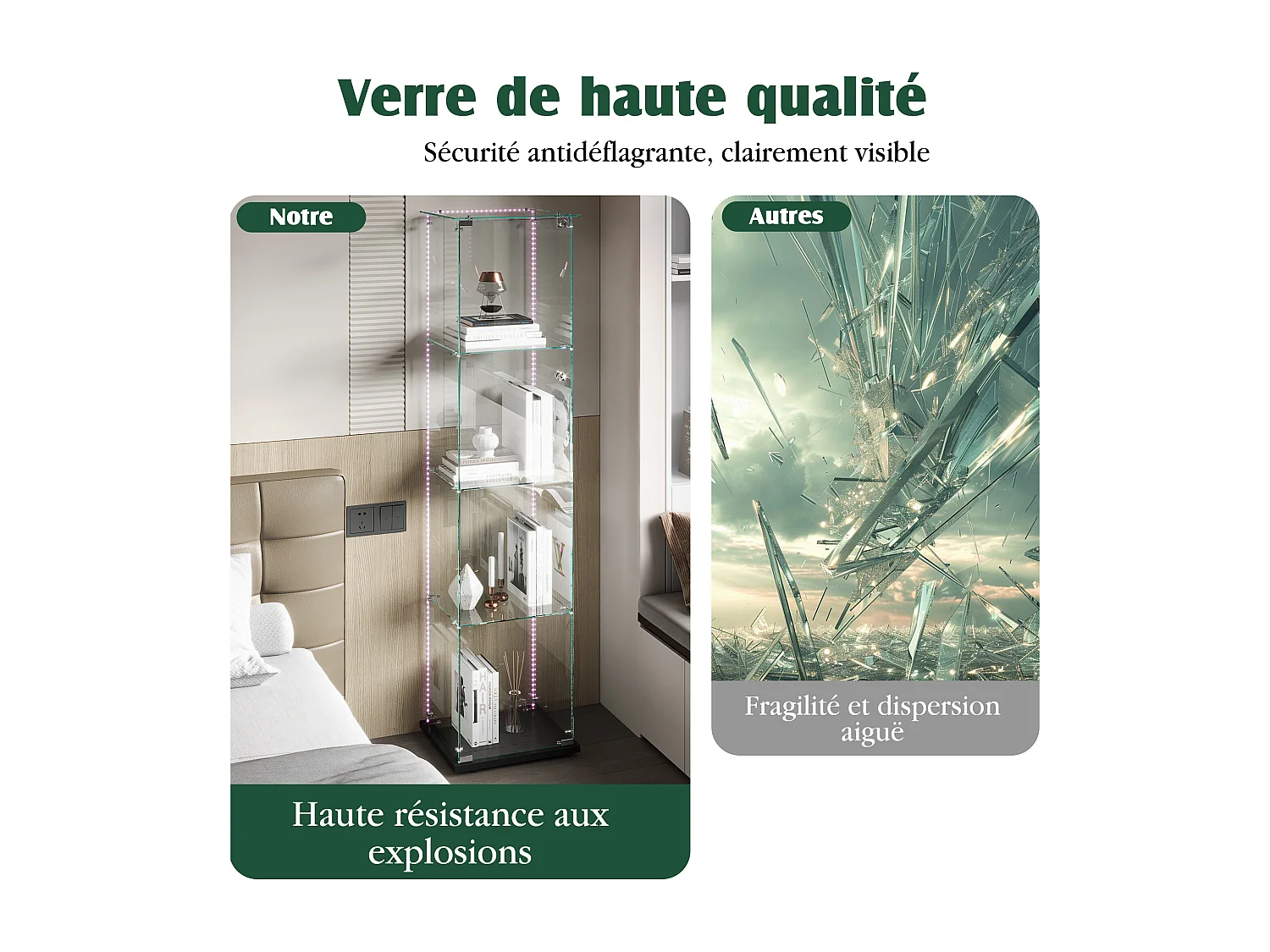 Vitrine en verre avec 5 étagères et portes doubles, vitrine de salon