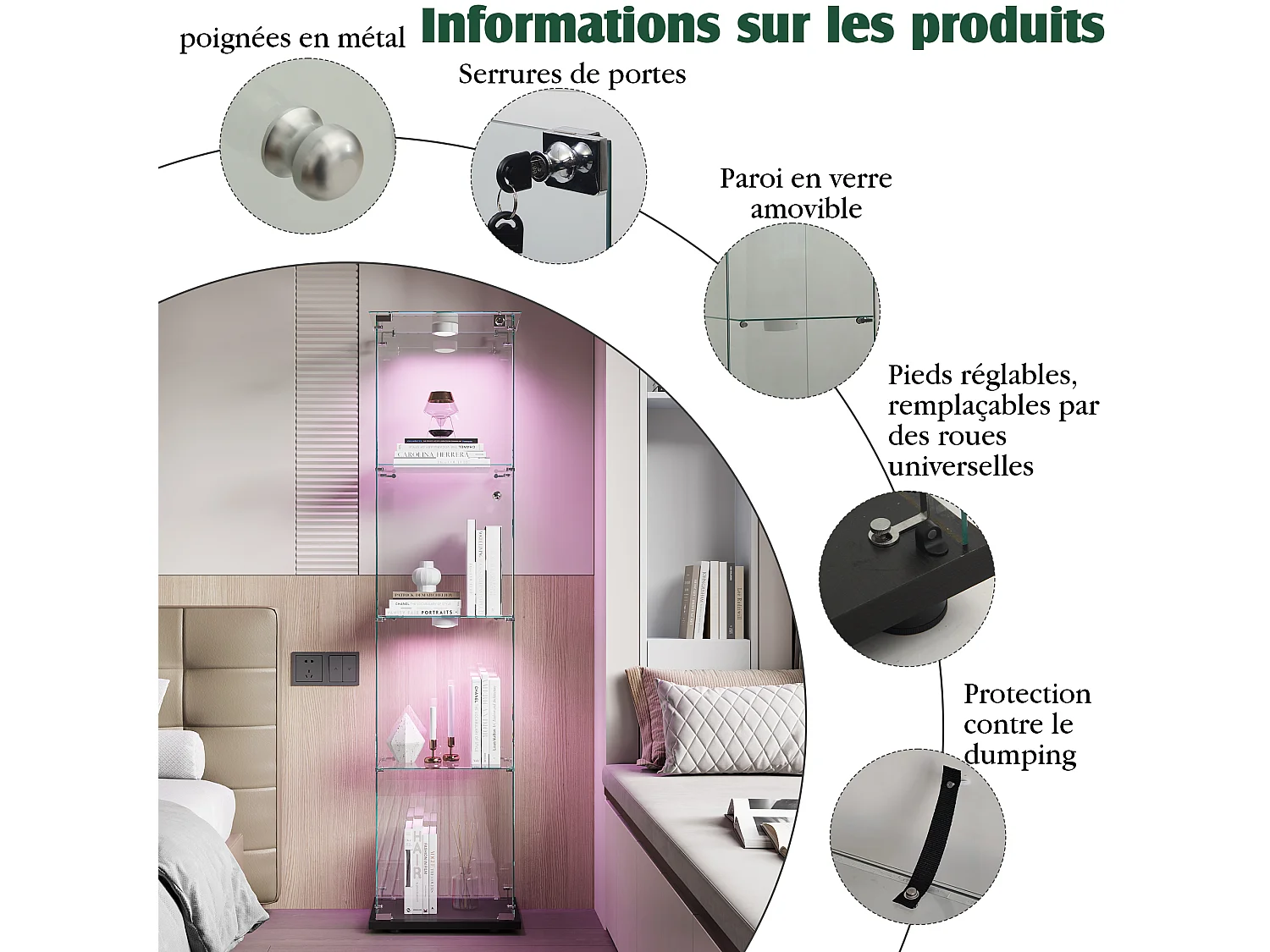 Vitrine en verre avec 5 étagères et portes doubles, vitrine de salon