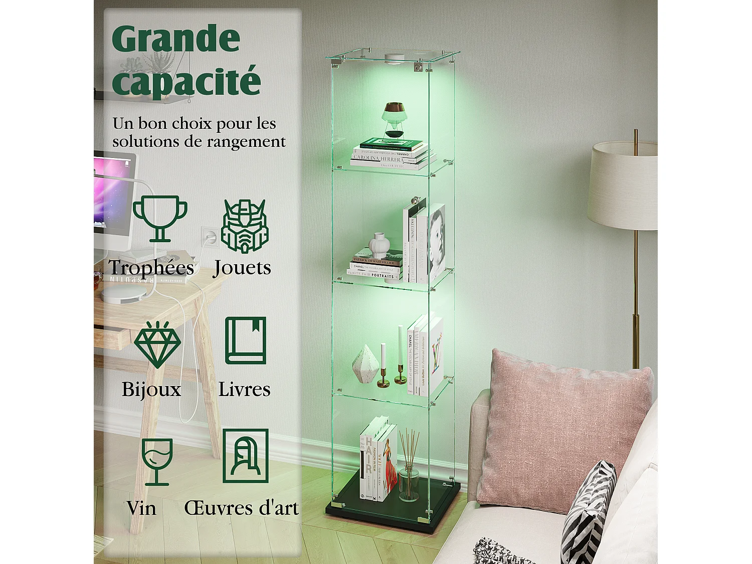 Vitrine en verre avec 5 étagères et portes doubles, vitrine de salon