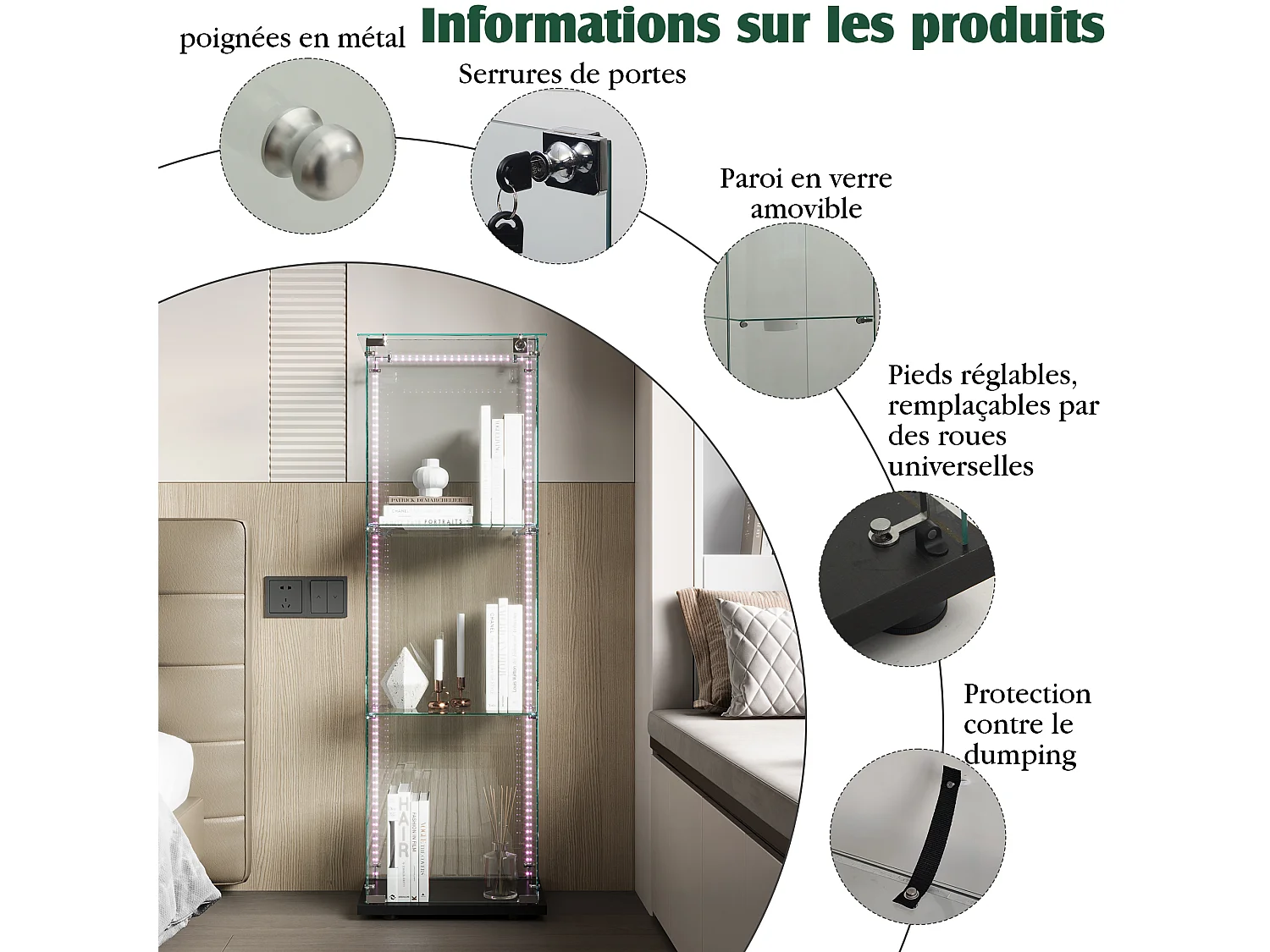 Vitrine simple ouverte à trois niveaux avec fond noir et finition transparente