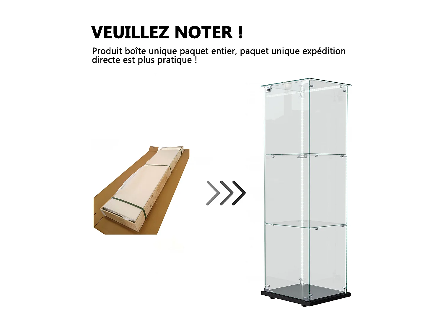 Vitrine simple ouverte à trois niveaux avec fond noir et finition transparente