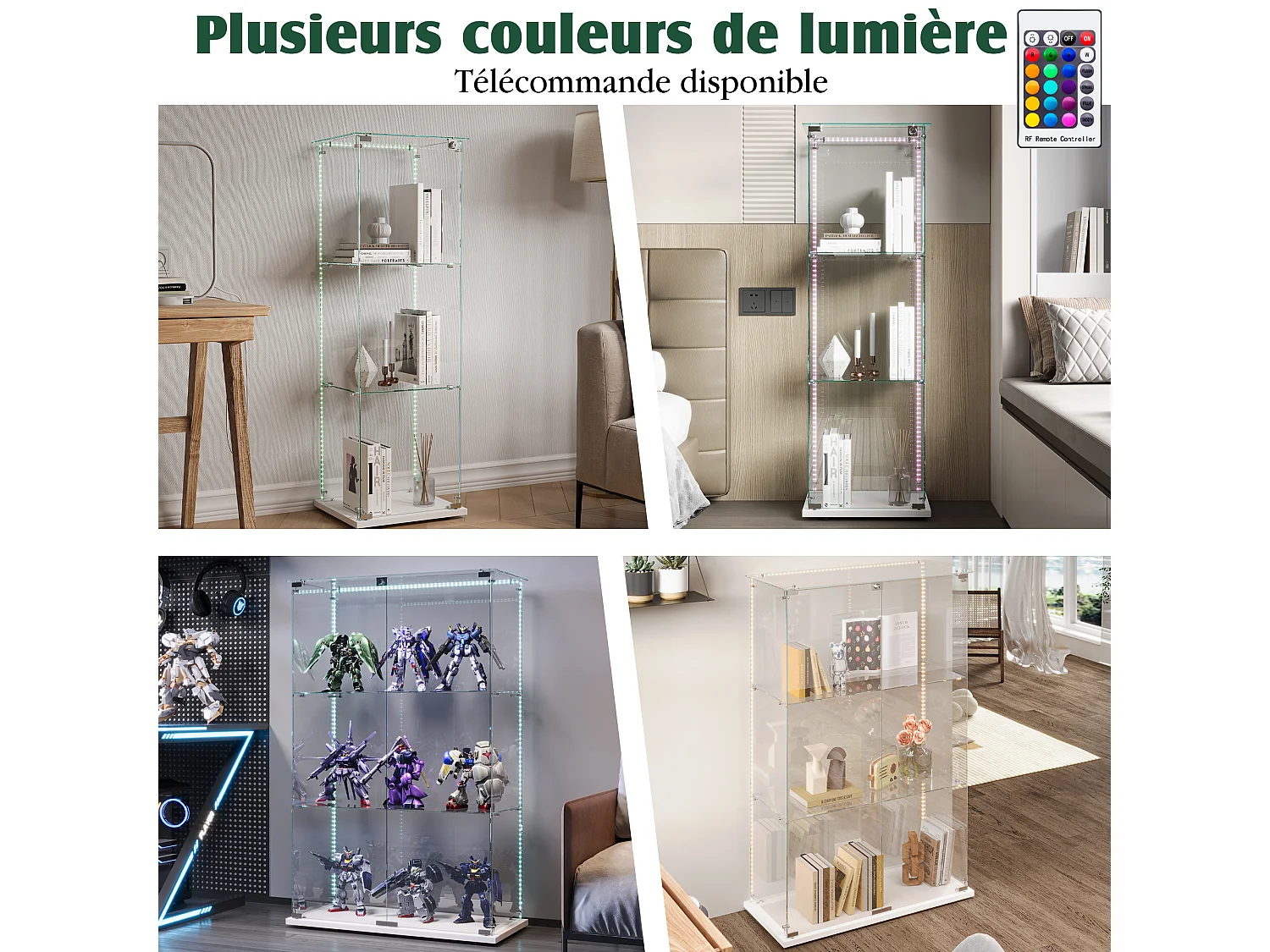 Vitrine simple ouverte à trois niveaux avec fond noir et finition transparente