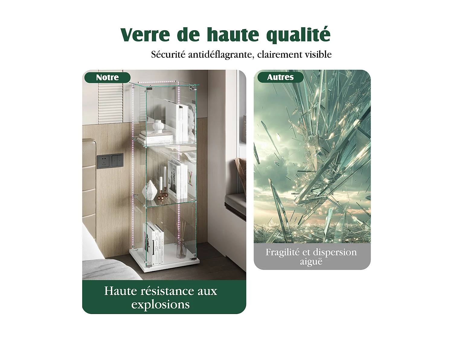 Vitrine simple ouverte à trois niveaux avec fond noir et finition transparente