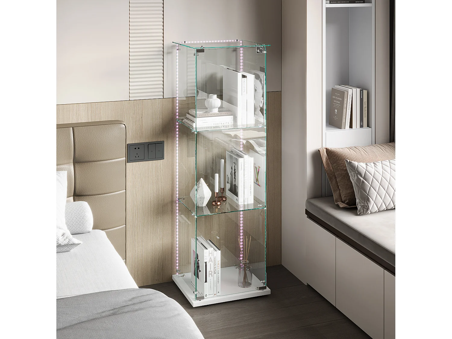 Vitrine simple ouverte à trois niveaux avec fond noir et finition transparente