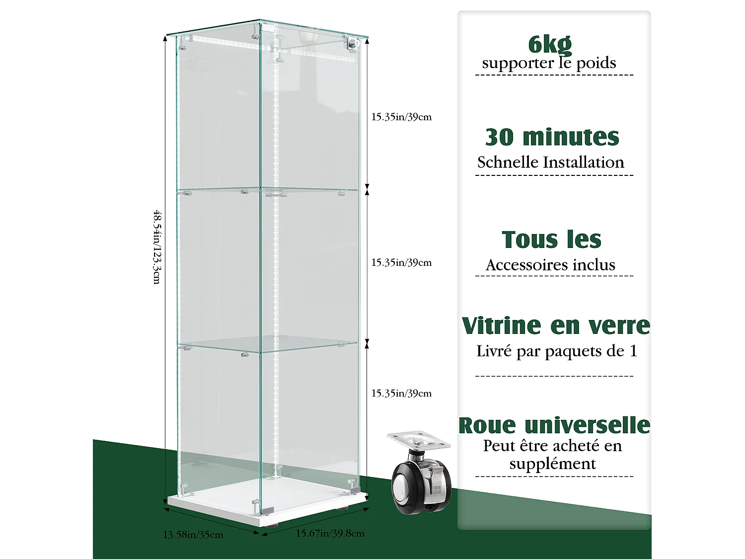 Vitrine simple ouverte à trois niveaux avec fond noir et finition transparente