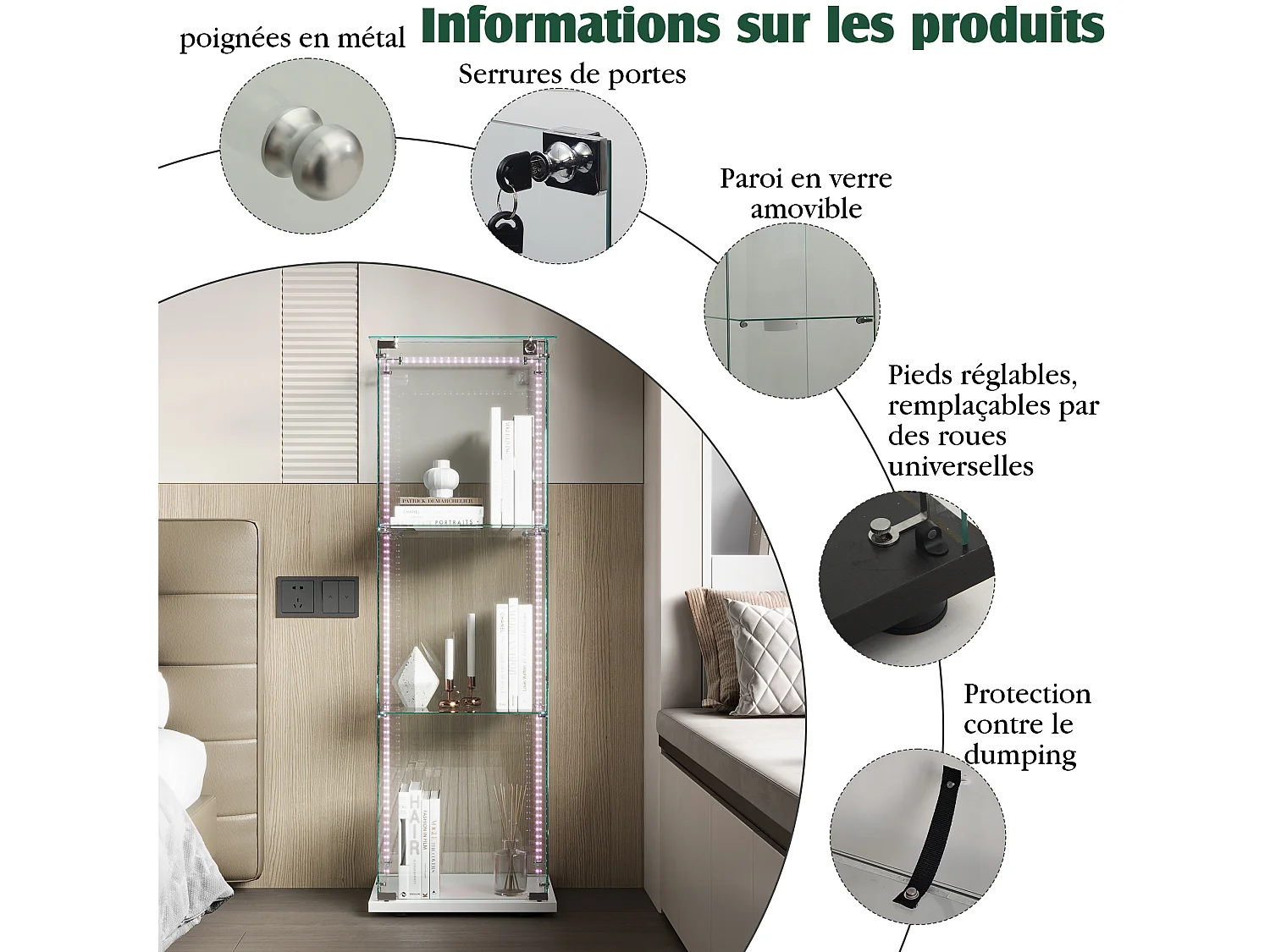 Vitrine simple ouverte à trois niveaux avec fond noir et finition transparente