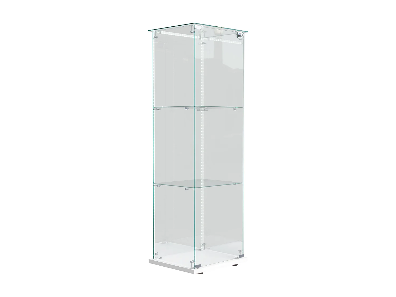Vitrine simple ouverte à trois niveaux avec fond noir et finition transparente