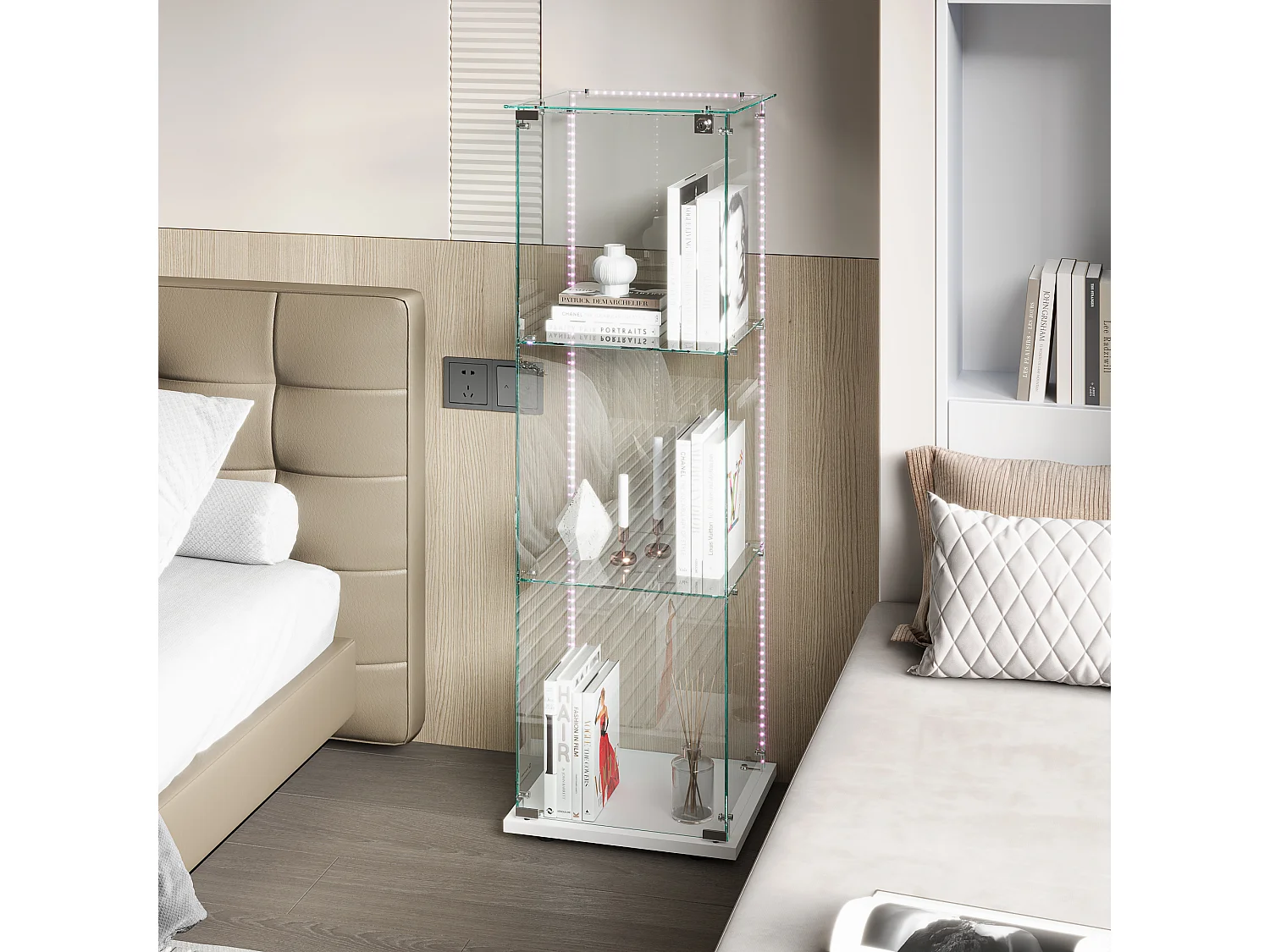 Vitrine simple ouverte à trois niveaux avec fond noir et finition transparente